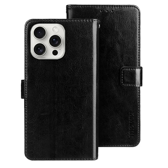 IDEWEI For iPhone 16 Pro Stand Case Crazy Horse Texture Leather Phone Cover - Black