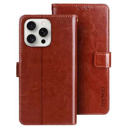 IDEWEI For iPhone 16 Pro Stand Case Crazy Horse Texture Leather Phone Cover - Brown