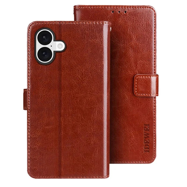 IDEWEI For iPhone 16 Plus Stand Case Crazy Horse Texture Leather Phone Cover - Brown