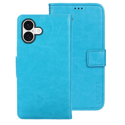 IDEWEI For iPhone 16 Plus Stand Case Crazy Horse Texture Leather Phone Cover - Sky Blue