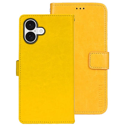 IDEWEI For iPhone 16 Plus Stand Case Crazy Horse Texture Leather Phone Cover - Yellow