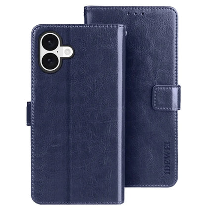 IDEWEI For iPhone 16 Plus Stand Case Crazy Horse Texture Leather Phone Cover - Dark Blue