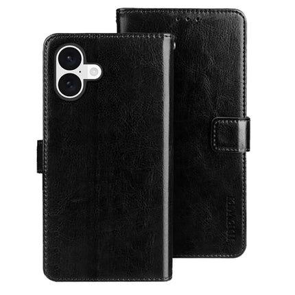 IDEWEI For iPhone 16 Plus Stand Case Crazy Horse Texture Leather Phone Cover - Black