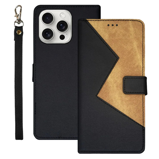 IDEWEI For iPhone 16 Pro Max Case Card Slots Splicing Color Leather Phone Cover - Black