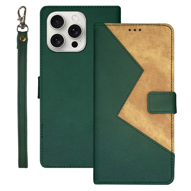 IDEWEI For iPhone 16 Pro Max Case Card Slots Splicing Color Leather Phone Cover - Green