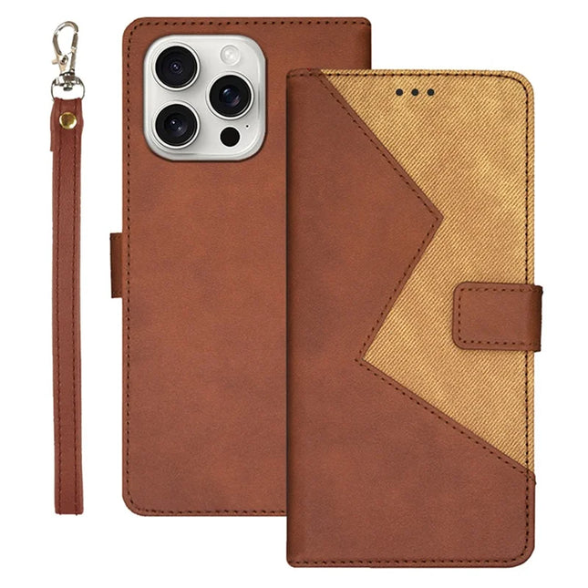 IDEWEI For iPhone 16 Pro Case Card Slots Splicing Color Leather Phone Cover - Brown