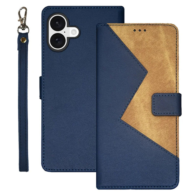 IDEWEI For iPhone 16 Plus Case Card Slots Splicing Color Leather Phone Cover - Blue