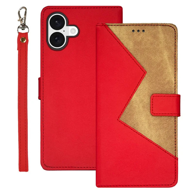 IDEWEI For iPhone 16 Plus Case Card Slots Splicing Color Leather Phone Cover - Red
