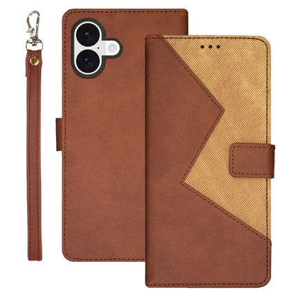 IDEWEI For iPhone 16 Plus Case Card Slots Splicing Color Leather Phone Cover - Brown
