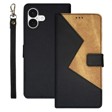 IDEWEI For iPhone 16 Plus Case Card Slots Splicing Color Leather Phone Cover - Black