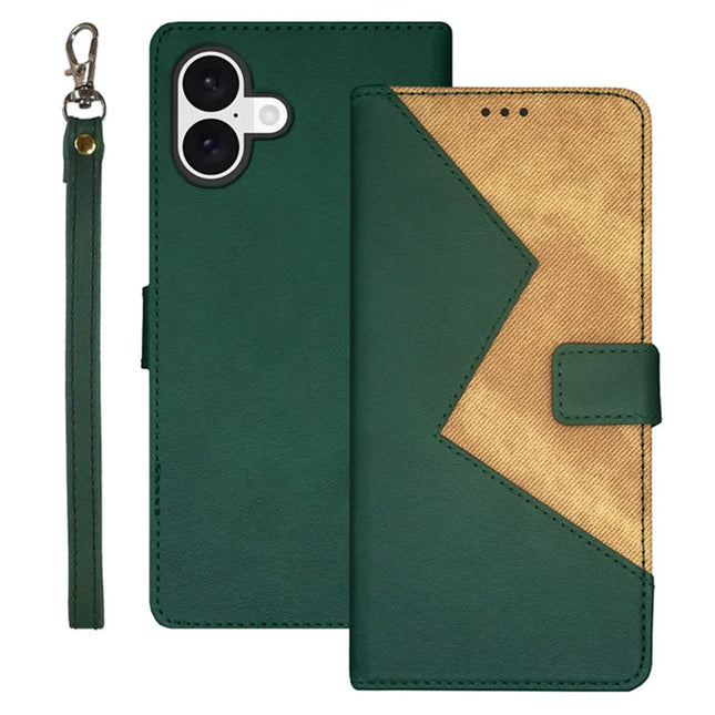 IDEWEI For iPhone 16 Case Card Slots Splicing Color Leather Phone Cover - Green