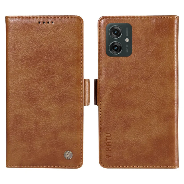 YIKATU YK-007 For Motorola Moto G55 5G Case Side Buckle PU Leather Phone Cover Litchi Texture - Brown