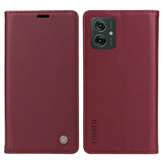 YIKATU YK-001 For Motorola Moto G55 5G Case Stand Leather Phone Cover Strong Magnetic Closure - Wine Red