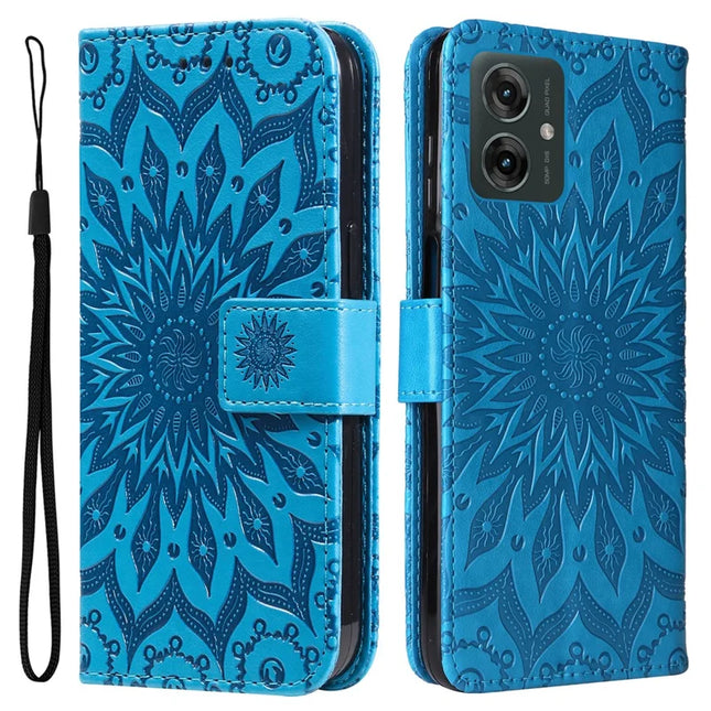 KT Imprinting Flower Series-1 For Motorola Moto G55 5G Case Sunflower Leather Wallet Phone Cover - Blue