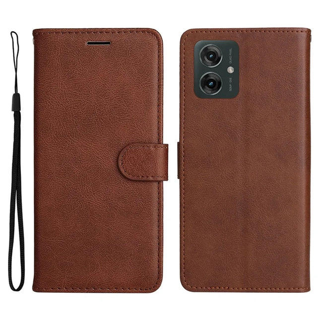 For Motorola Moto G55 5G Case Solid Color Leather Mobile Cover Wallet Stand with Strap - Brown