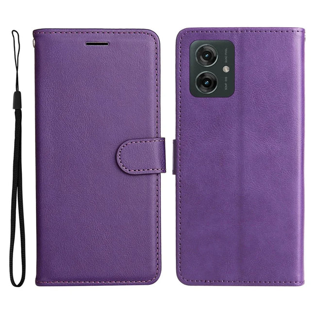 For Motorola Moto G55 5G Case Solid Color Leather Mobile Cover Wallet Stand with Strap - Purple