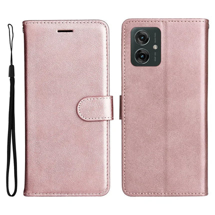 For Motorola Moto G55 5G Case Solid Color Leather Mobile Cover Wallet Stand with Strap - Rose Gold