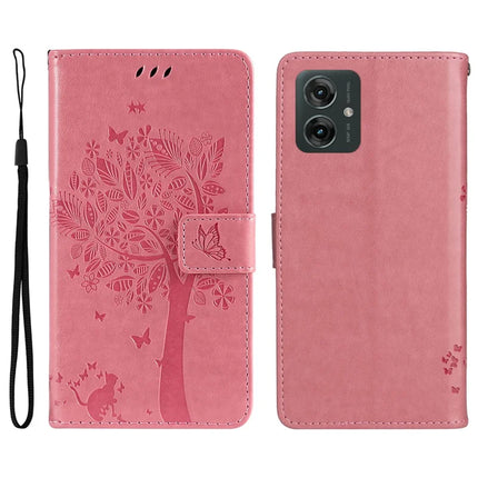KT Imprinting Flower Series-3 For Motorola Moto G55 5G Case Cat Tree Pattern Flip Leather Phone Cover - Pink