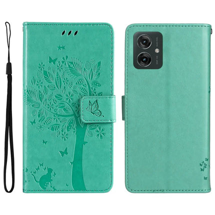 KT Imprinting Flower Series-3 For Motorola Moto G55 5G Case Cat Tree Pattern Flip Leather Phone Cover - Green