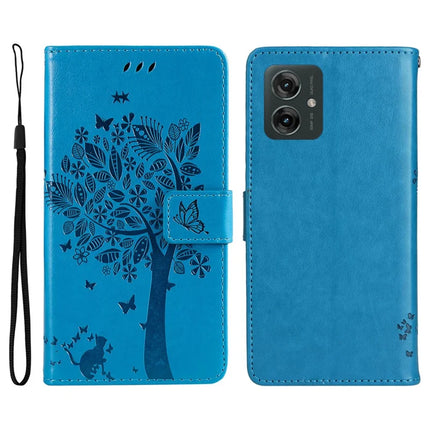 KT Imprinting Flower Series-3 For Motorola Moto G55 5G Case Cat Tree Pattern Flip Leather Phone Cover - Blue