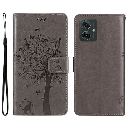 KT Imprinting Flower Series-3 For Motorola Moto G55 5G Case Cat Tree Pattern Flip Leather Phone Cover - Grey