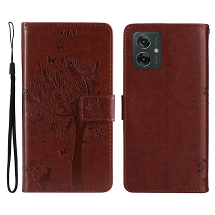 KT Imprinting Flower Series-3 For Motorola Moto G55 5G Case Cat Tree Pattern Flip Leather Phone Cover - Coffee