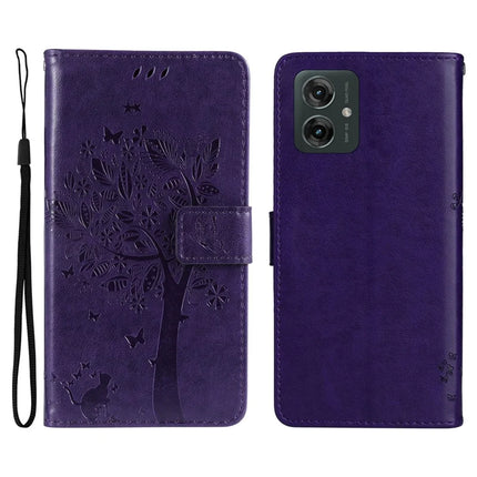 KT Imprinting Flower Series-3 For Motorola Moto G55 5G Case Cat Tree Pattern Flip Leather Phone Cover - Purple