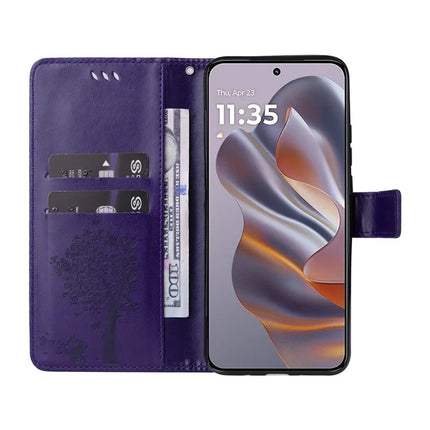 KT Imprinting Flower Series-3 For Motorola Moto G55 5G Case Cat Tree Pattern Flip Leather Phone Cover