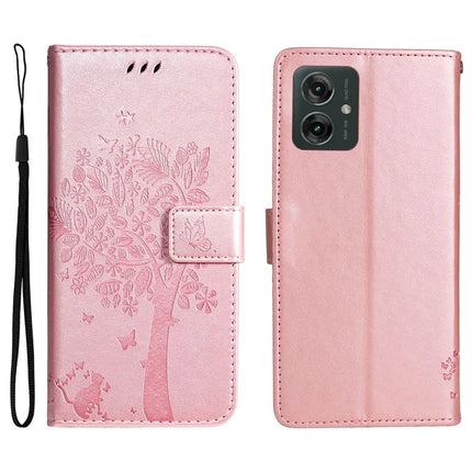 KT Imprinting Flower Series-3 For Motorola Moto G55 5G Case Cat Tree Pattern Flip Leather Phone Cover - Rose Gold