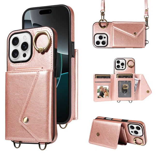 For iPhone 16 Pro Max Case Card Holder Leather + TPU Phone Cover with Long Shoulder Strap - Rose Gold