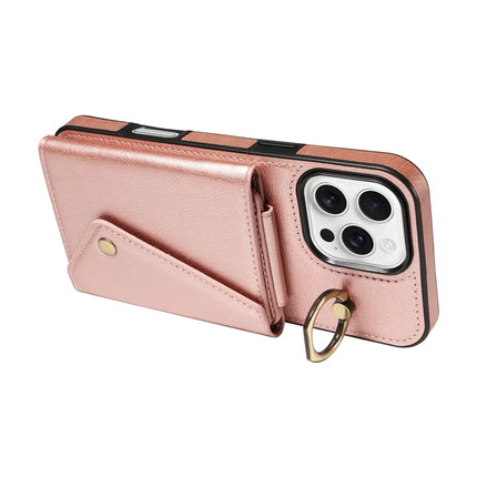 For iPhone 16 Pro Max Case Card Holder Leather + TPU Phone Cover with Long Shoulder Strap