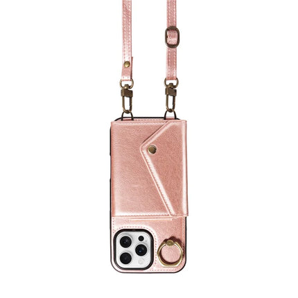 For iPhone 16 Pro Max Case Card Holder Leather + TPU Phone Cover with Long Shoulder Strap