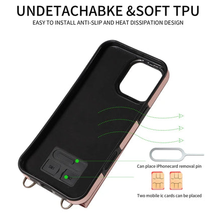 For iPhone 16 Pro Max Case Card Holder Leather + TPU Phone Cover with Long Shoulder Strap