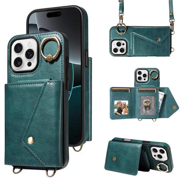 For iPhone 16 Pro Max Case Card Holder Leather + TPU Phone Cover with Long Shoulder Strap - Green