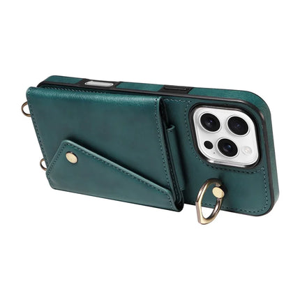 For iPhone 16 Pro Max Case Card Holder Leather + TPU Phone Cover with Long Shoulder Strap