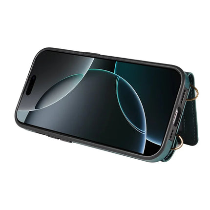 For iPhone 16 Pro Max Case Card Holder Leather + TPU Phone Cover with Long Shoulder Strap