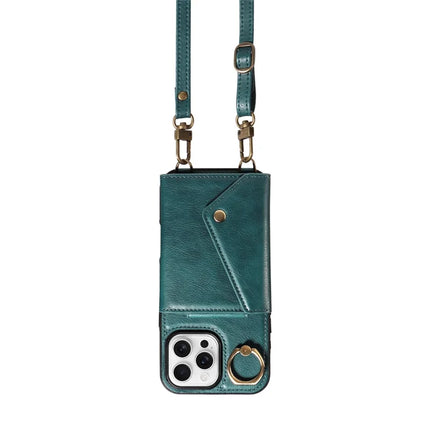 For iPhone 16 Pro Max Case Card Holder Leather + TPU Phone Cover with Long Shoulder Strap