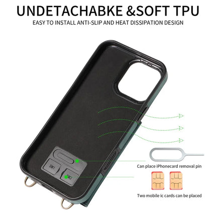 For iPhone 16 Pro Max Case Card Holder Leather + TPU Phone Cover with Long Shoulder Strap