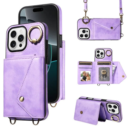For iPhone 16 Pro Max Case Card Holder Leather + TPU Phone Cover with Long Shoulder Strap - Light Purple