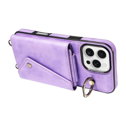 For iPhone 16 Pro Max Case Card Holder Leather + TPU Phone Cover with Long Shoulder Strap