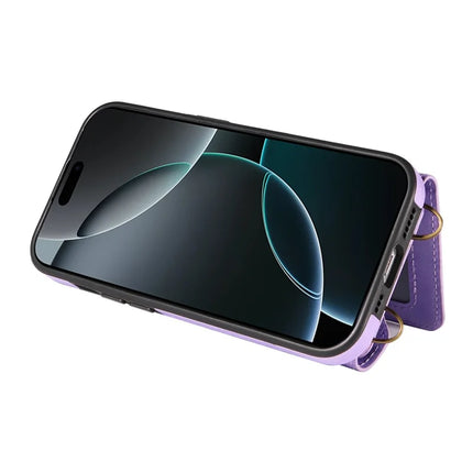 For iPhone 16 Pro Max Case Card Holder Leather + TPU Phone Cover with Long Shoulder Strap