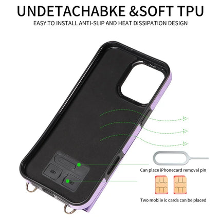 For iPhone 16 Pro Max Case Card Holder Leather + TPU Phone Cover with Long Shoulder Strap