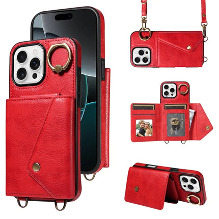For iPhone 16 Pro Max Case Card Holder Leather + TPU Phone Cover with Long Shoulder Strap - Red