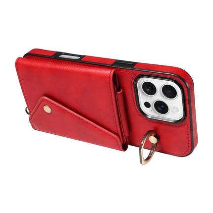 For iPhone 16 Pro Max Case Card Holder Leather + TPU Phone Cover with Long Shoulder Strap