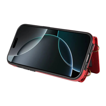 For iPhone 16 Pro Max Case Card Holder Leather + TPU Phone Cover with Long Shoulder Strap