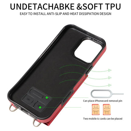 For iPhone 16 Pro Max Case Card Holder Leather + TPU Phone Cover with Long Shoulder Strap