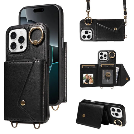 For iPhone 16 Pro Max Case Card Holder Leather + TPU Phone Cover with Long Shoulder Strap - Black