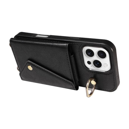 For iPhone 16 Pro Max Case Card Holder Leather + TPU Phone Cover with Long Shoulder Strap