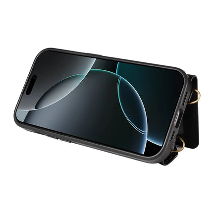 For iPhone 16 Pro Max Case Card Holder Leather + TPU Phone Cover with Long Shoulder Strap