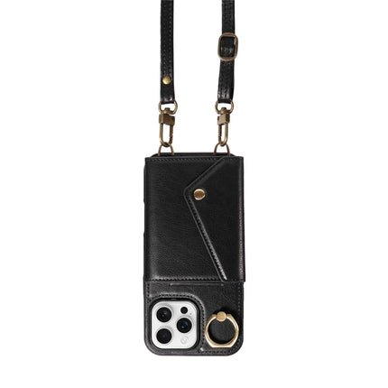 For iPhone 16 Pro Max Case Card Holder Leather + TPU Phone Cover with Long Shoulder Strap